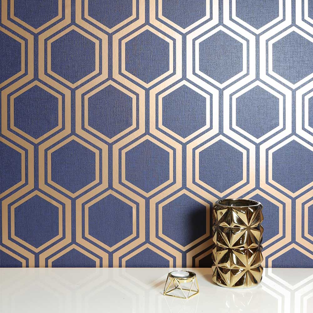 Luxe Hexagon Wallpaper - Navy - by Arthouse