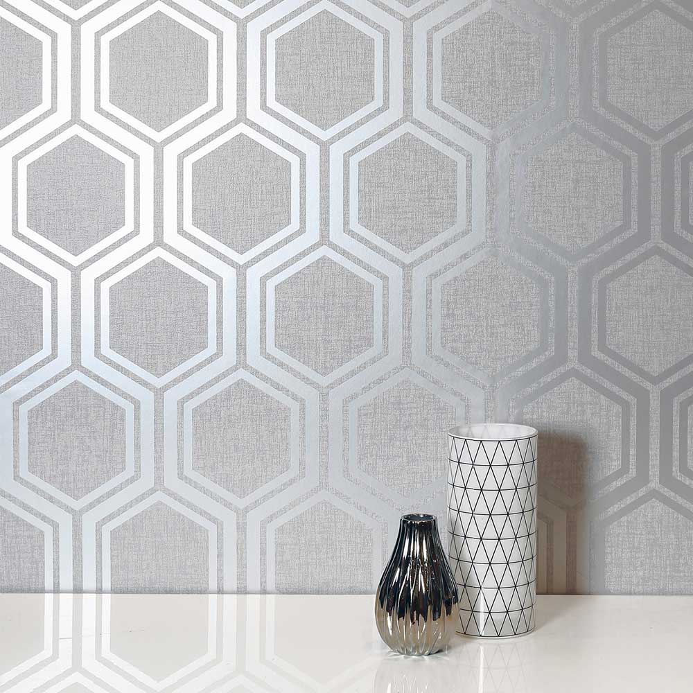 Luxe Hexagon Wallpaper - Silver - by Arthouse