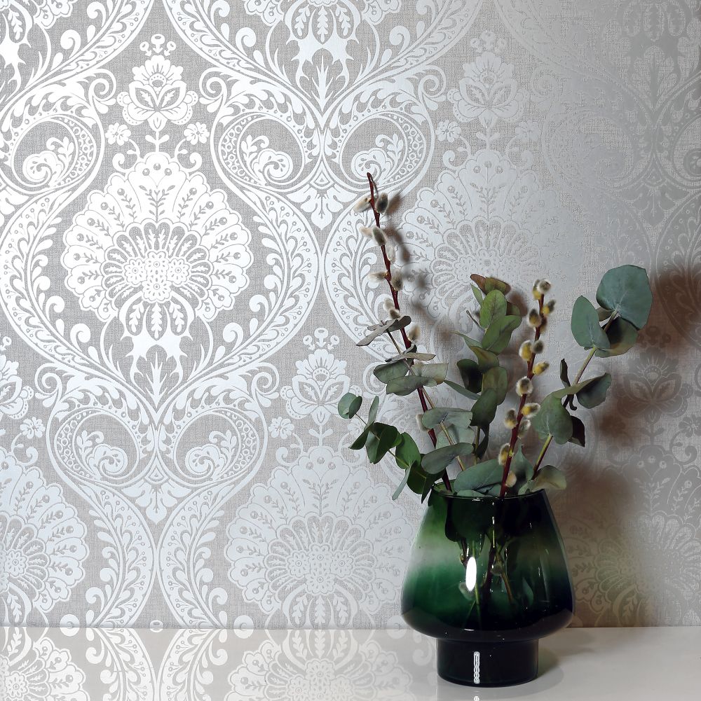 Luxe Damask Wallpaper - Silver - by Arthouse