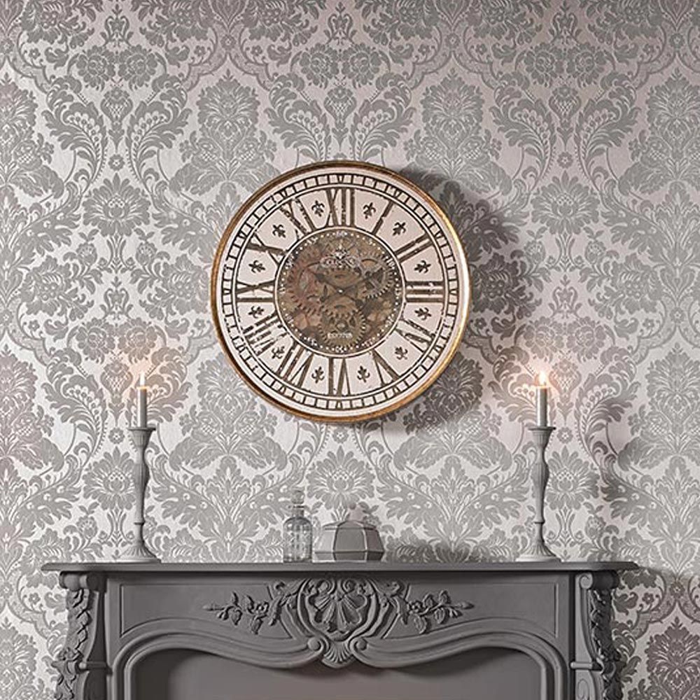 Gothic Damask Flock Wallpaper - Grey / Silver - by Graham & Brown