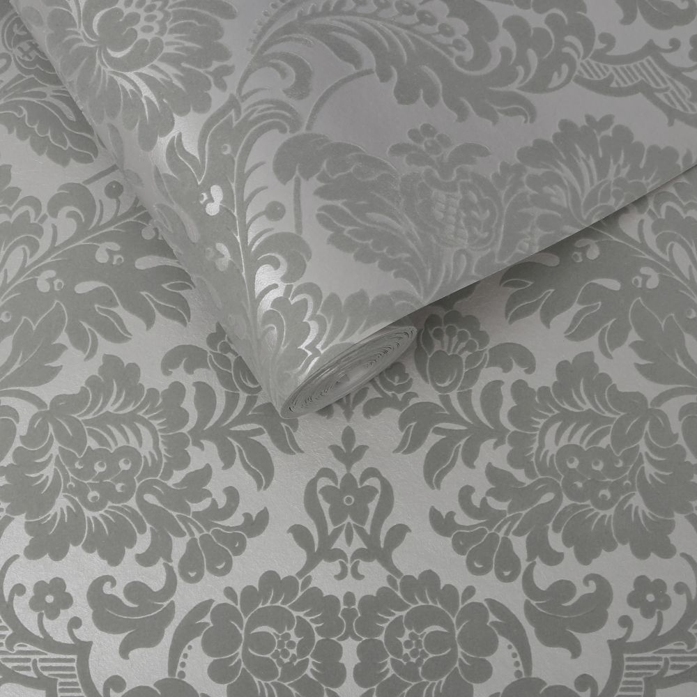 Gothic Damask Flock Wallpaper - Grey / Silver - by Graham & Brown