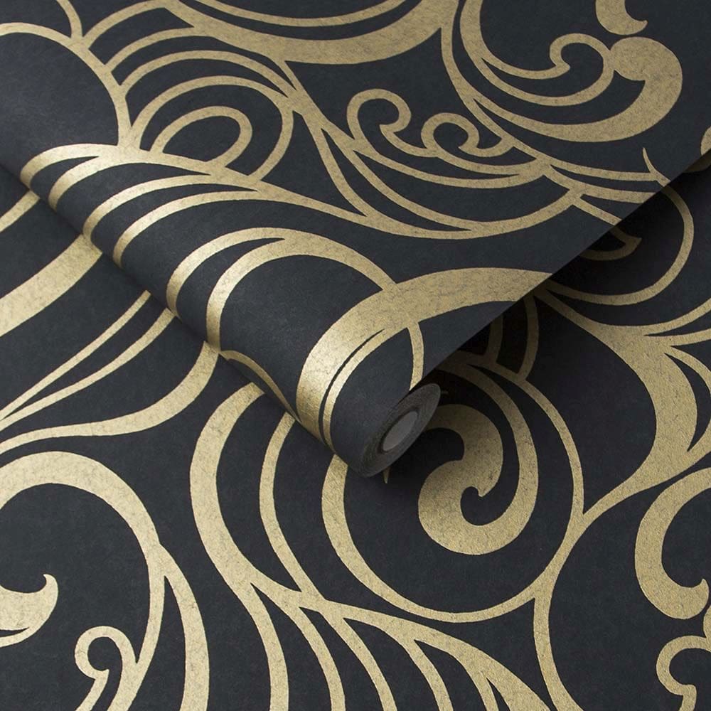 Hula Swirl Wallpaper - Black / Gold - by Graham & Brown