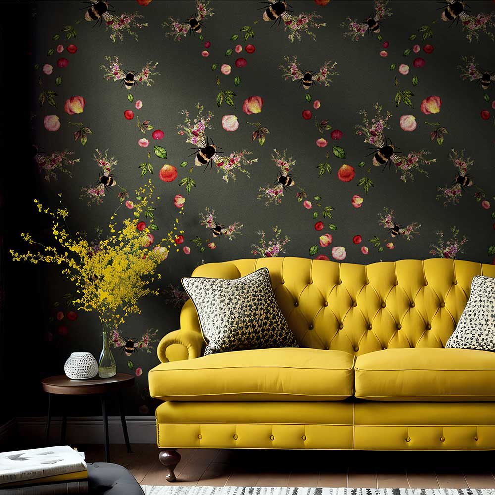 Bee Bloom Wallpaper - Charcoal - by Hattie Lloyd