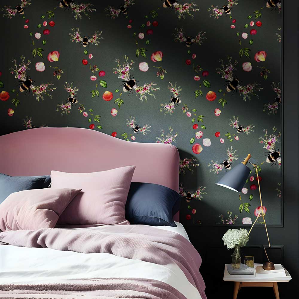 Bee Bloom Wallpaper - Charcoal - by Hattie Lloyd