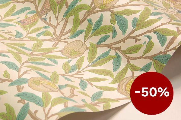 Bird & Pomegranate Wallpaper - Pearl / Jade - by Morris