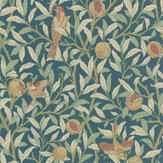 Bird & Pomegranate Wallpaper - Blue / Mint - by Morris. Click for more details and a description.
