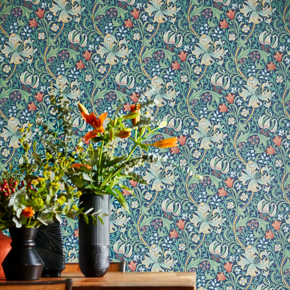 Golden Lily Wallpaper - Indigo - by Morris
