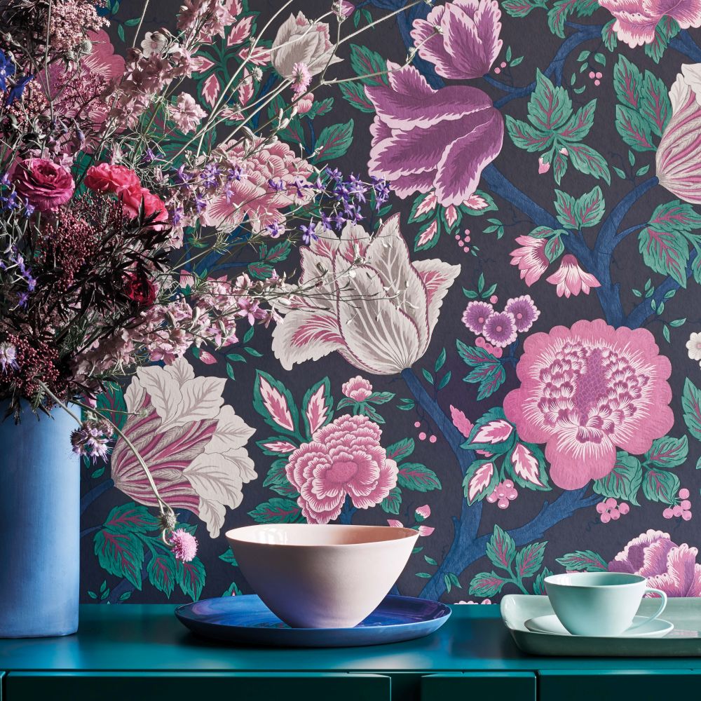 Midsummer Bloom Wallpaper - Mulberry / Purple / Teal / Ink - by Cole & Son