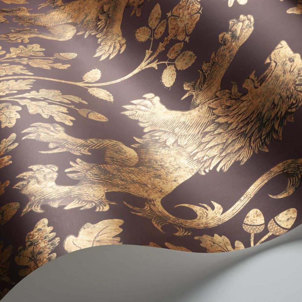 Boscobel Oak Wallpaper - Metallic Autumnal Gold / Claret - by Cole & Son