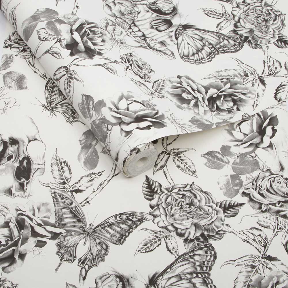 Skull Roses Wallpaper - Black / White - by Graham & Brown