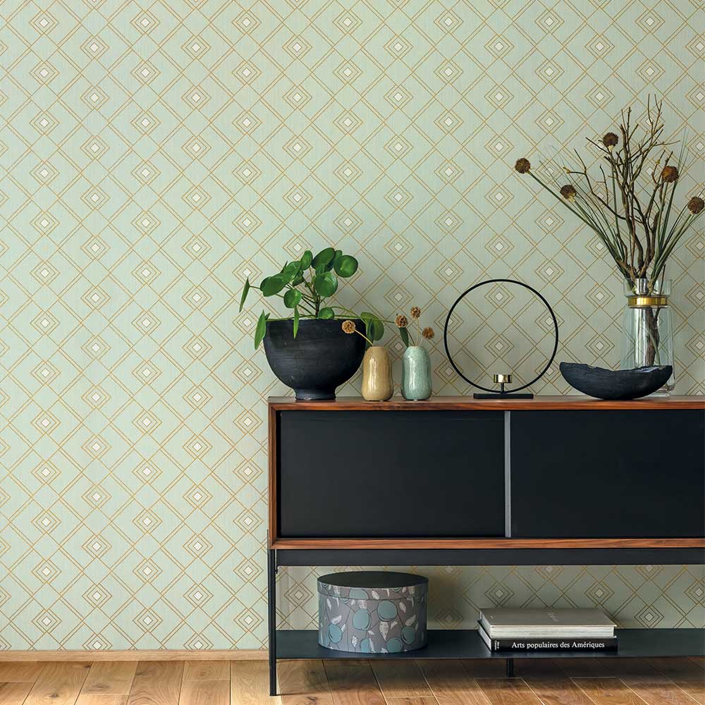 Gatsby Wallpaper - Mint Green and Gold - by Caselio