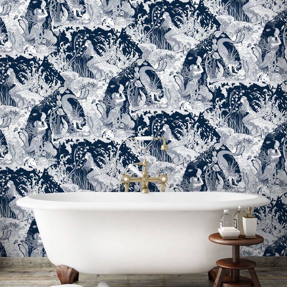 Mermaid Wallpaper - Navy / White - by Dupenny
