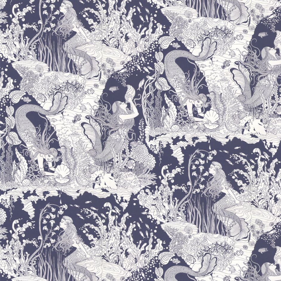 Mermaid Wallpaper - Navy / White - by Dupenny