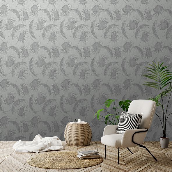Oasis Leaves Wallpaper - Grey - by SK Filson