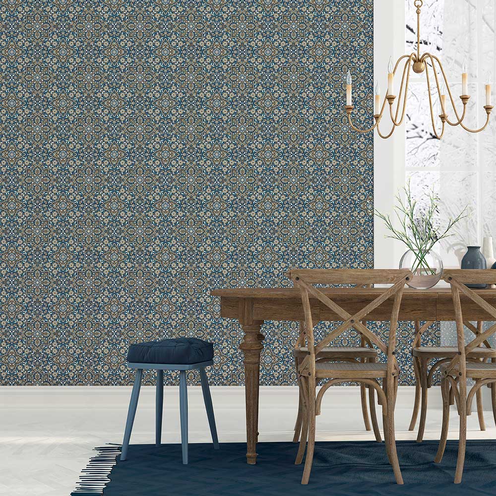 Moroccan Floral Wallpaper - Dark Blue and Gold - by Galerie