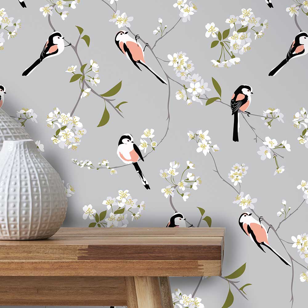 Blossom and Bird Wallpaper - Grey - by Lorna Syson