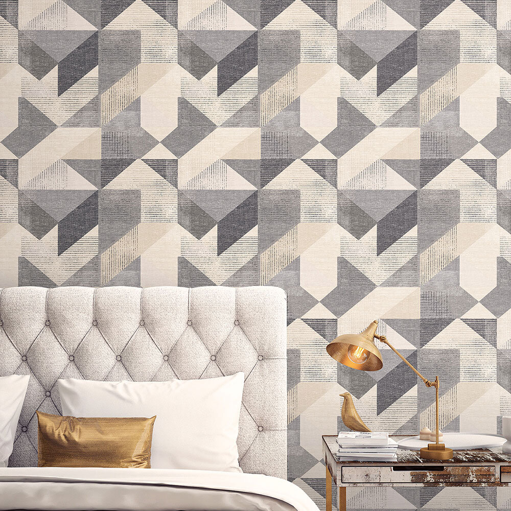 Silk Screen Geometric Wallpaper - Charcoal and Beige - by Galerie