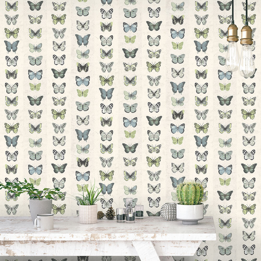 Butterfly Wall Wallpaper - Green Blue - by Galerie