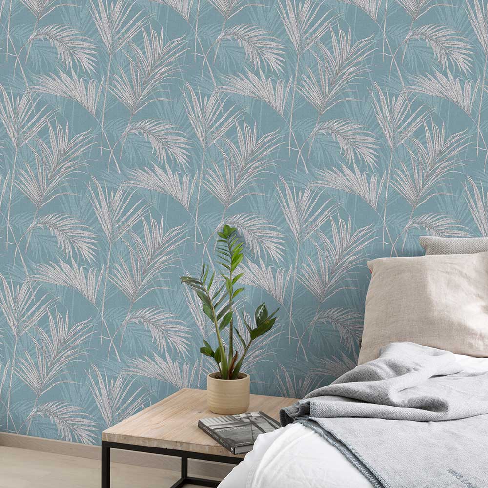 Palm Wallpaper - Teal Blue - by Grandeco
