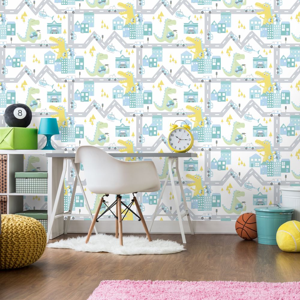 Dino Road Wallpaper - Teal / Lime - by Albany