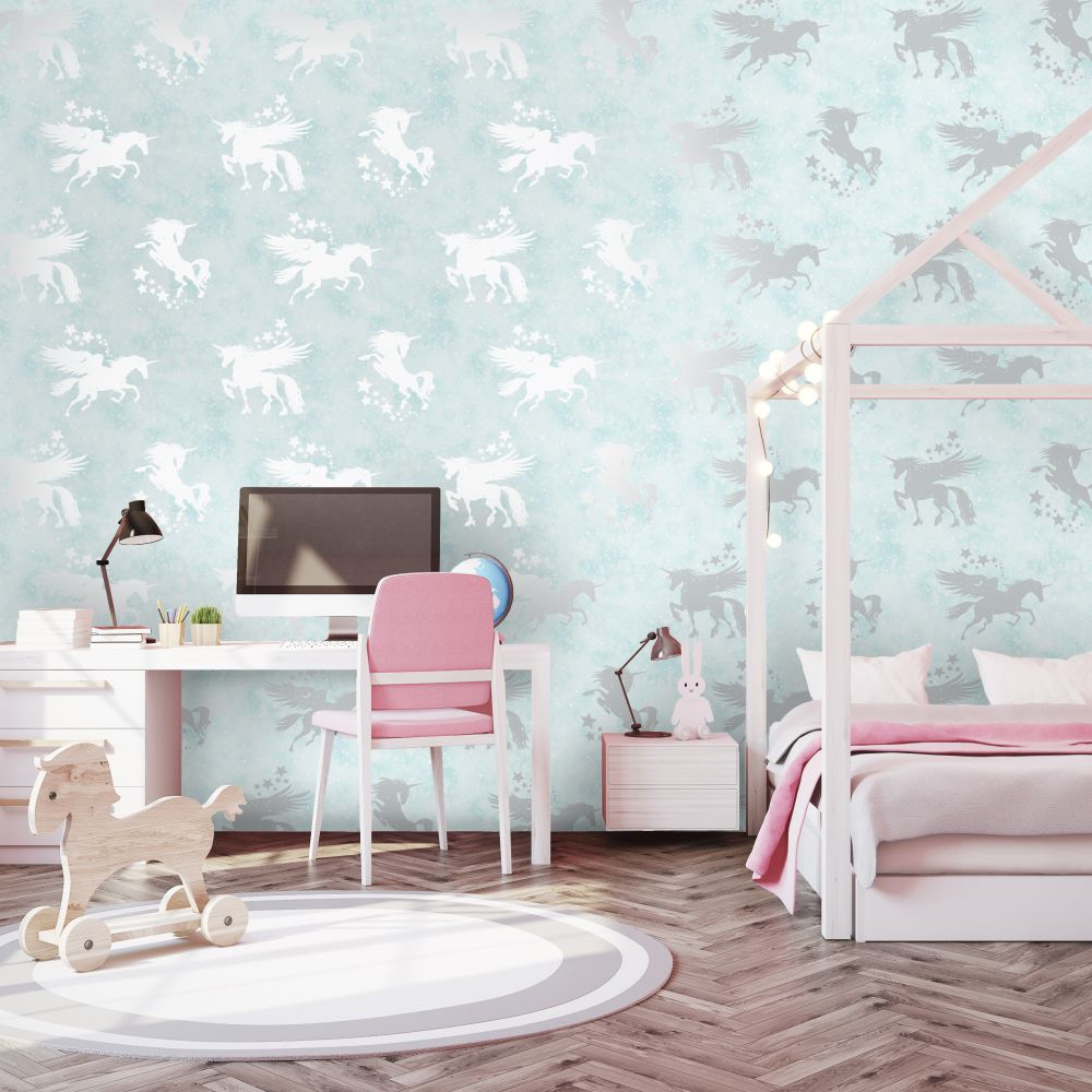 Iridescent Unicorns Wallpaper - Teal / Silver - by Albany