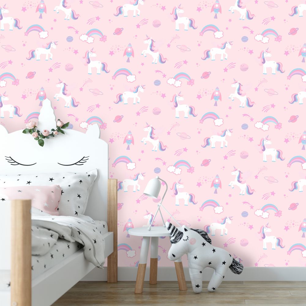 Unicorns, Rockets and Rainbows Wallpaper - Pink - by Albany