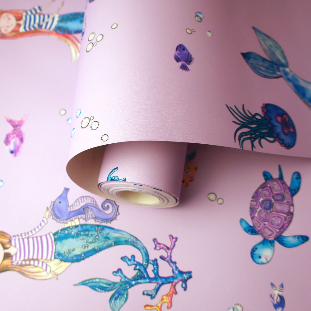 Narwhals and Mermaids Wallpaper - Pink - by Albany