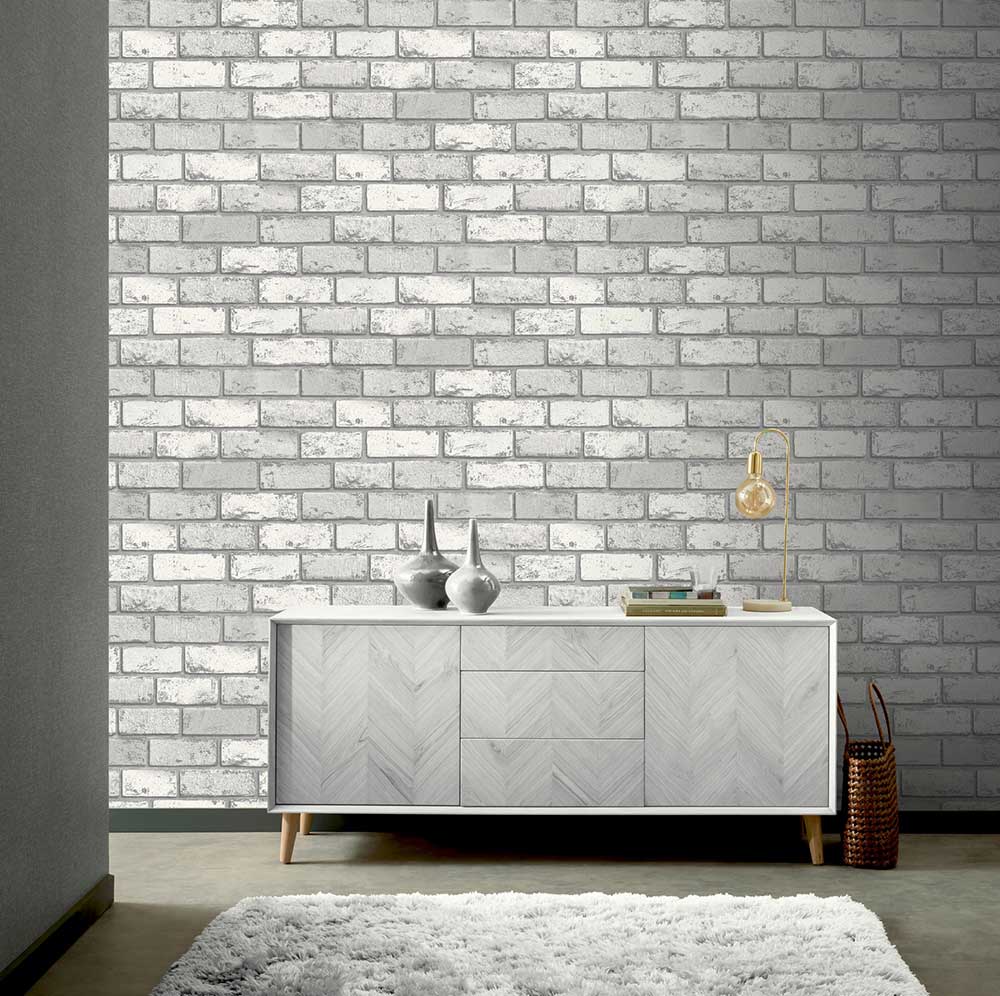 Metallic Brick Wallpaper - White / Silver - by Arthouse