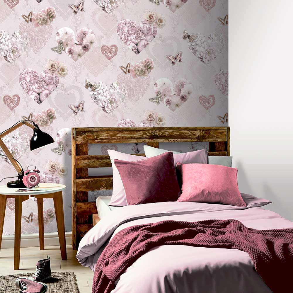 Floral Hearts Wallpaper - Pink - by Arthouse