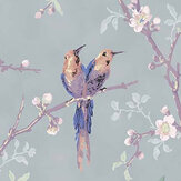 Bird and Blossom Wallpaper - Grey Blue / Purple / Burnt Orange - by Hamilton Weston Wallpapers. Click for more details and a description.
