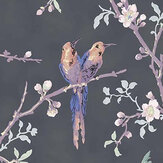 Bird and Blossom Wallpaper - Charcoal / Purple / Burnt Orange - by Hamilton Weston Wallpapers. Click for more details and a description.