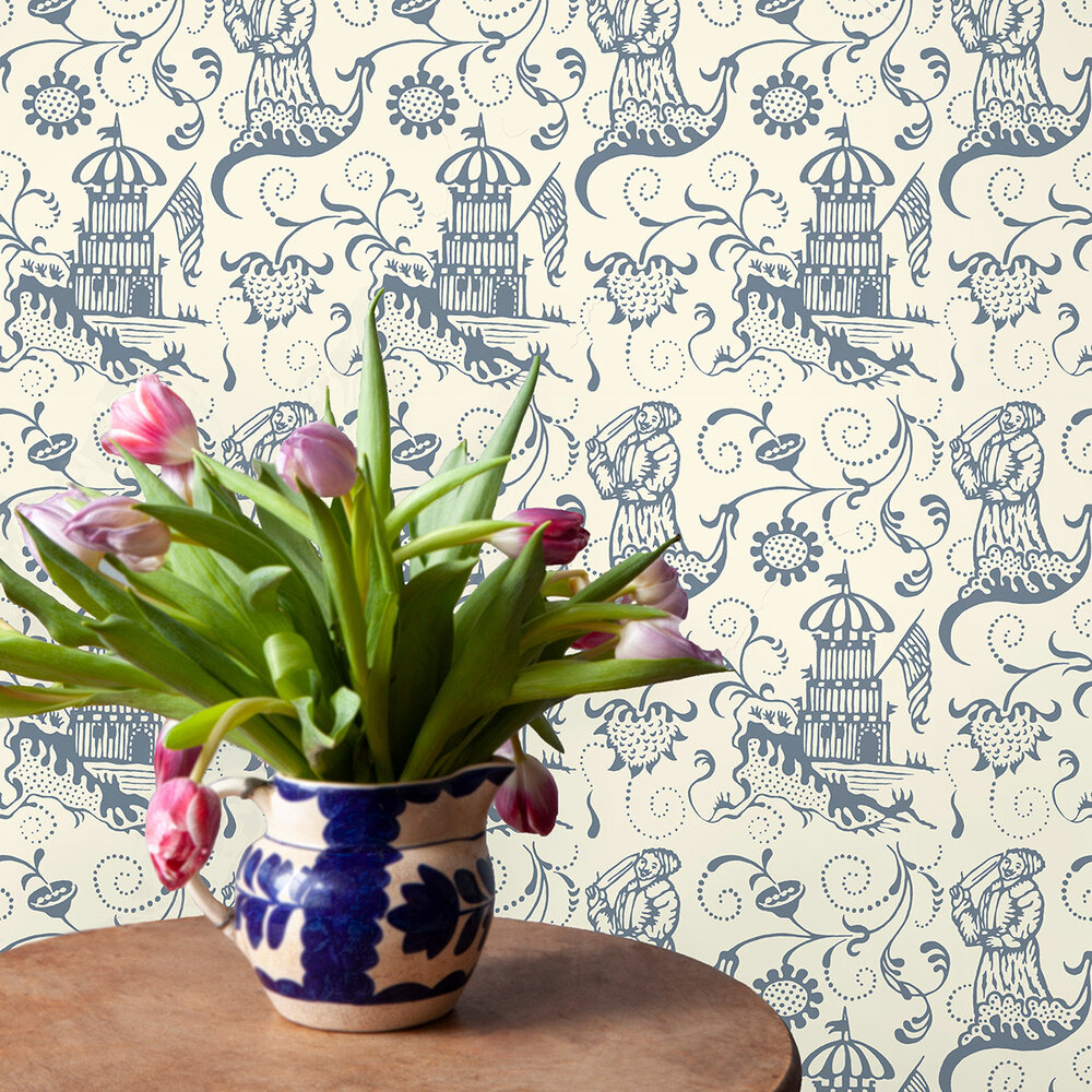 Lambeth Saracen Wallpaper - Cream / Blue - by Hamilton Weston Wallpapers