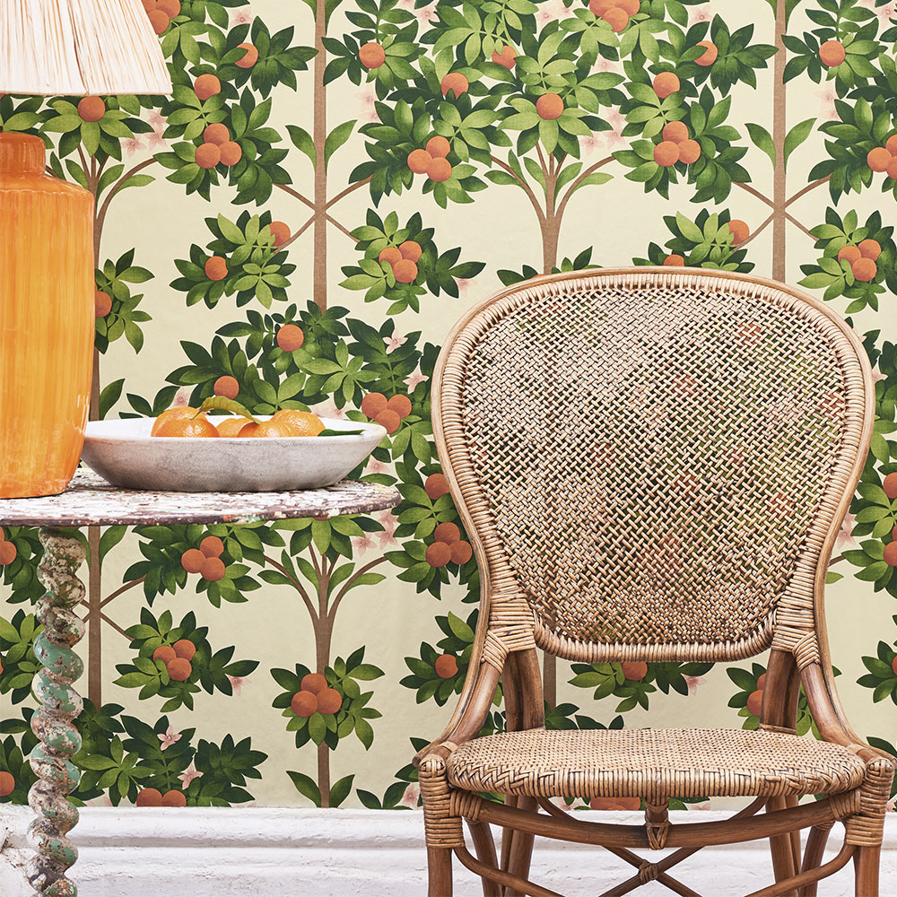 Orange Blossom Wallpaper - Orange & Spring Green on Parchment - by Cole & Son