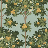 Orange Blossom Wallpaper -  Lemon & Dark Olive Green on Duck Egg - by Cole & Son. Click for more details and a description.