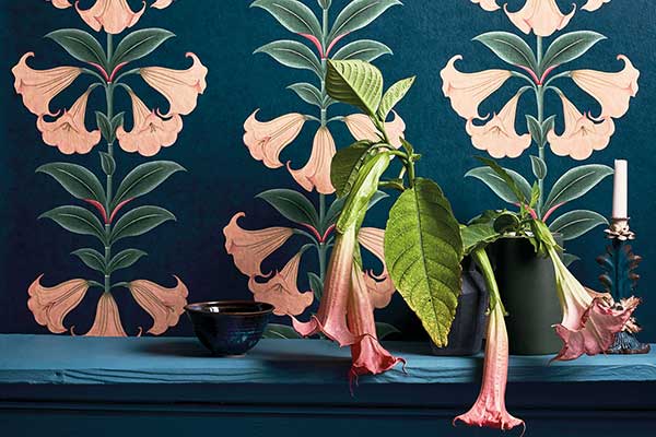 Angel's Trumpet Wallpaper - Coral & Viridian on Ink - by Cole & Son