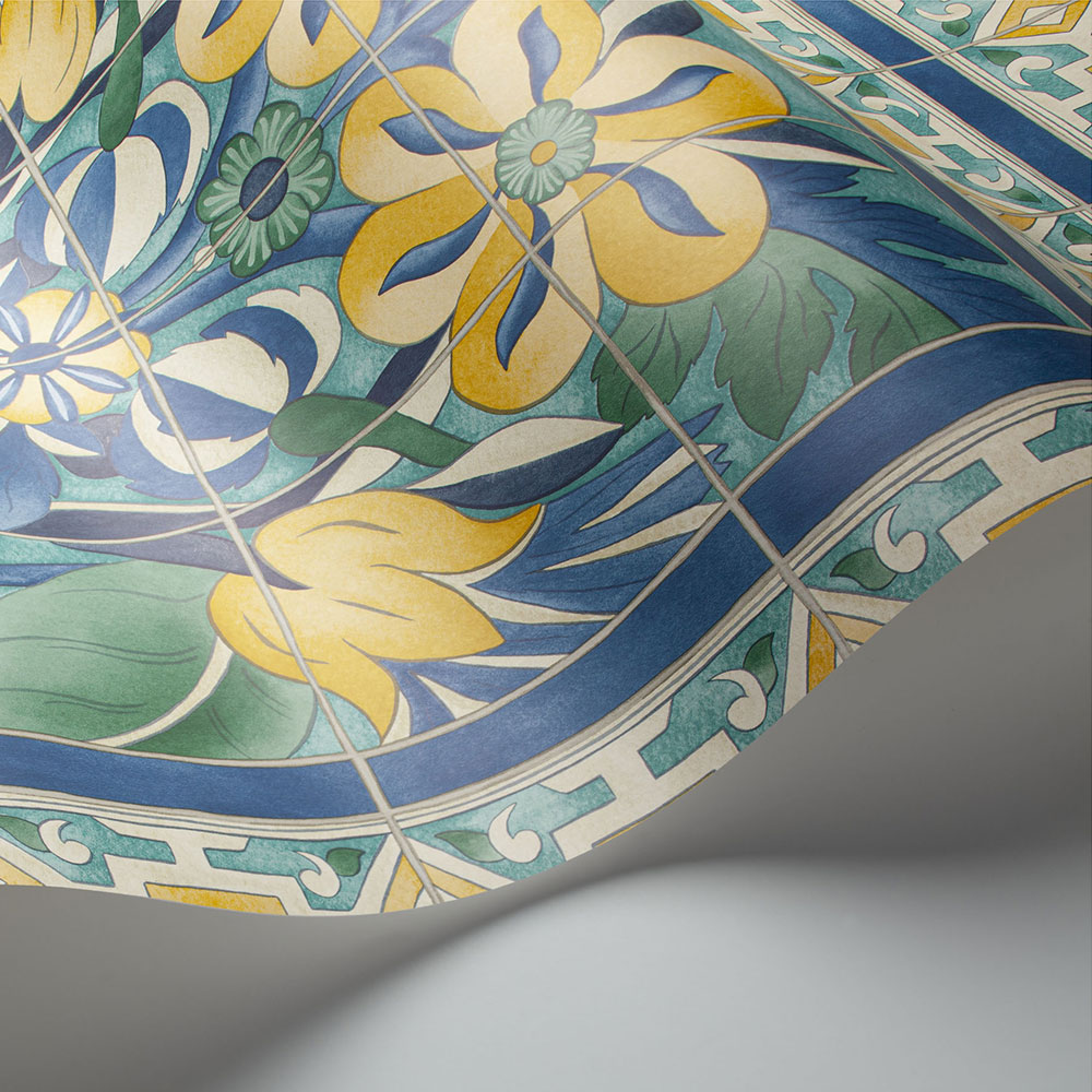 Triana Wallpaper - Canary Yellow & China Blue on Teal - by Cole & Son