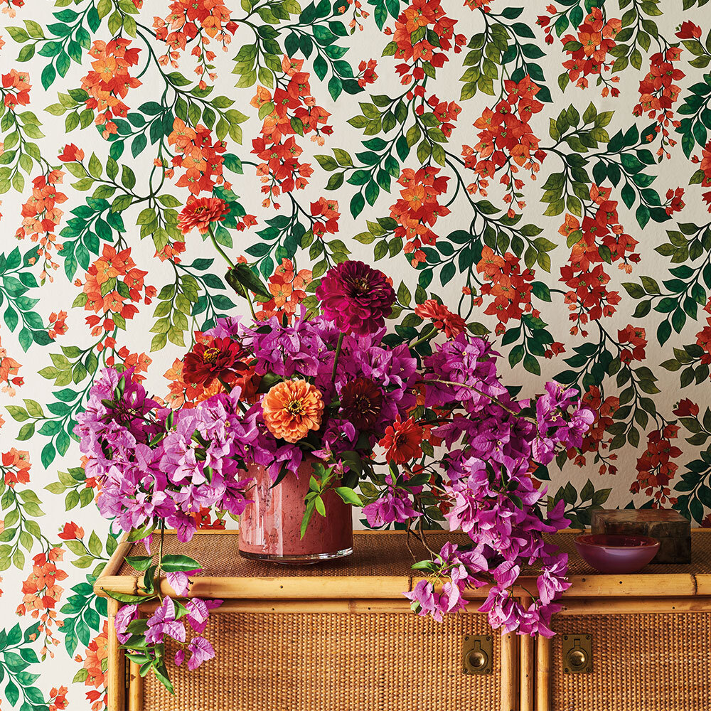 Bougainvillea Wallpaper - Rouge, Olive Green & Emerald on Cream - by Cole & Son
