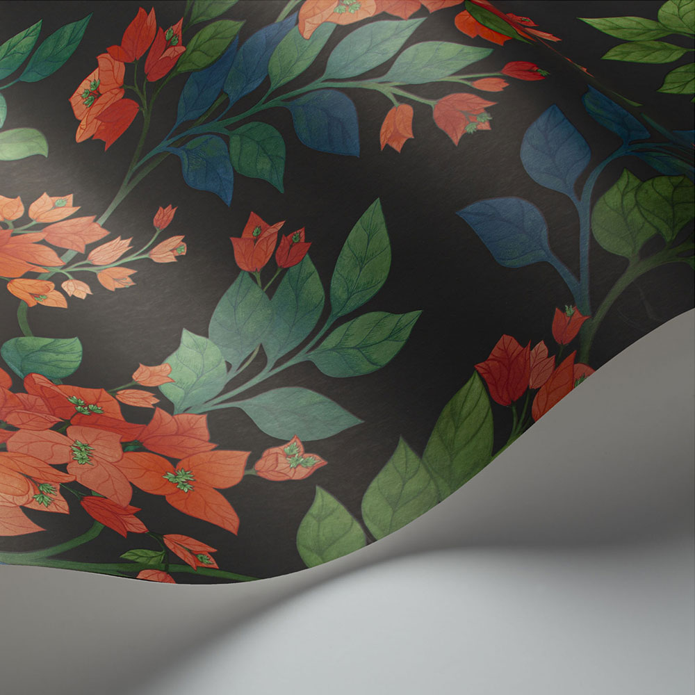 Bougainvillea Wallpaper - Rouge, Leaf Green & Cerulean Sky on Charcoal - by Cole & Son