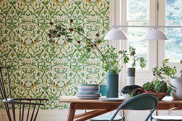 Jasmine & Serin Symphony Wallpaper - Chartreuse & Olive Green on White - by Cole & Son
