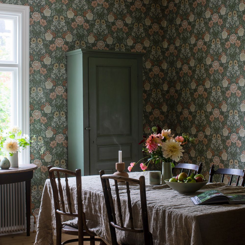 Dahlia Garden Wallpaper - Blush / Green - by Boråstapeter