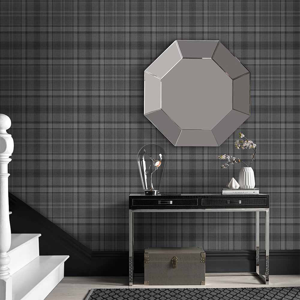 Heritage Plaid Wallpaper - Charcoal - by Graham & Brown