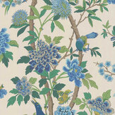 Hydrangea Bird Wallpaper - Emerald / Blue - by G P & J Baker. Click for more details and a description.
