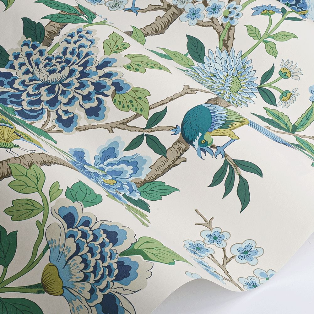 Hydrangea Bird Wallpaper - Emerald / Blue - by G P & J Baker