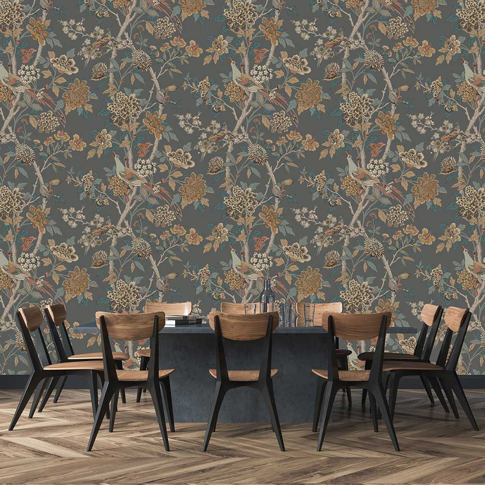 Hydrangea Bird Wallpaper - Charcoal / Sienna - by G P & J Baker