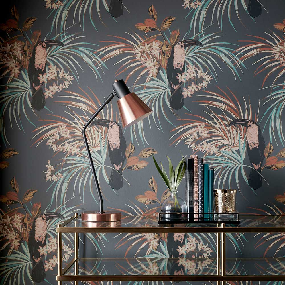 Le Toucan Wallpaper - Charcoal - by 1838 Wallcoverings