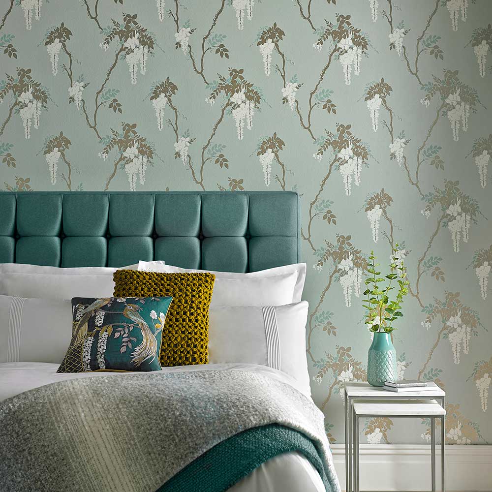 Leonora Wallpaper - Teal - by 1838 Wallcoverings