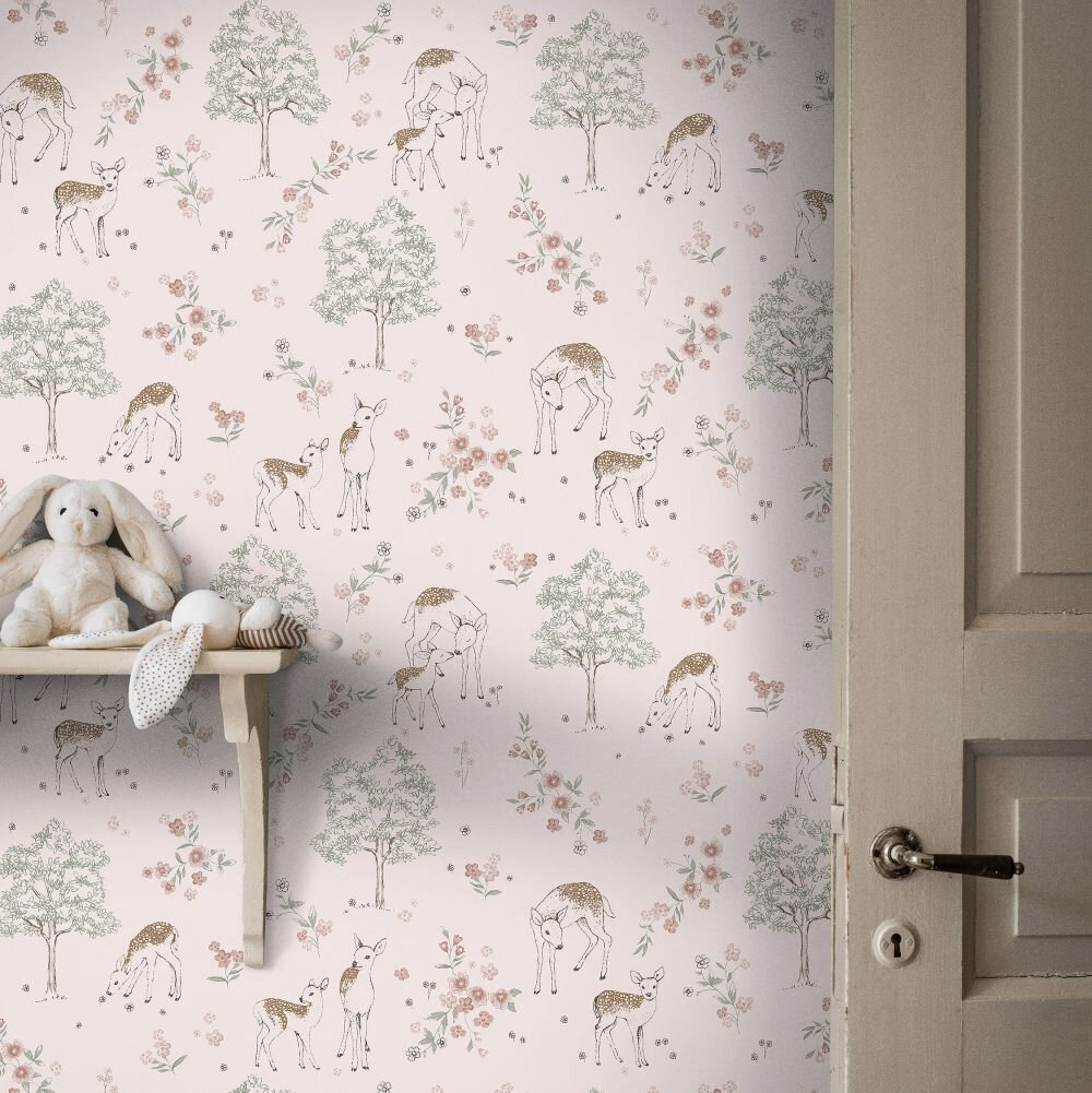 Deer Love Wallpaper - Pale Pink - by Boråstapeter