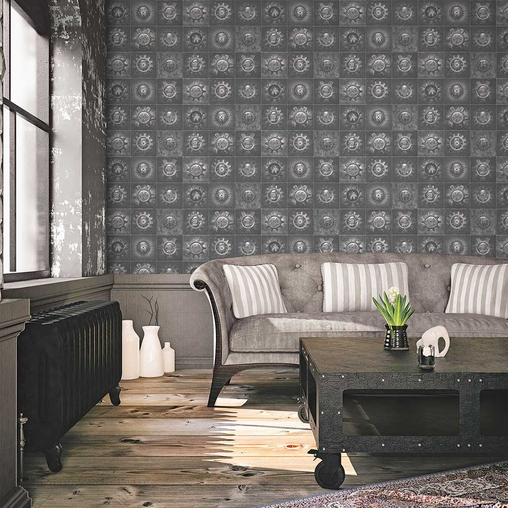 Industrial Tiles Wallpaper - Silver Grey - by Galerie