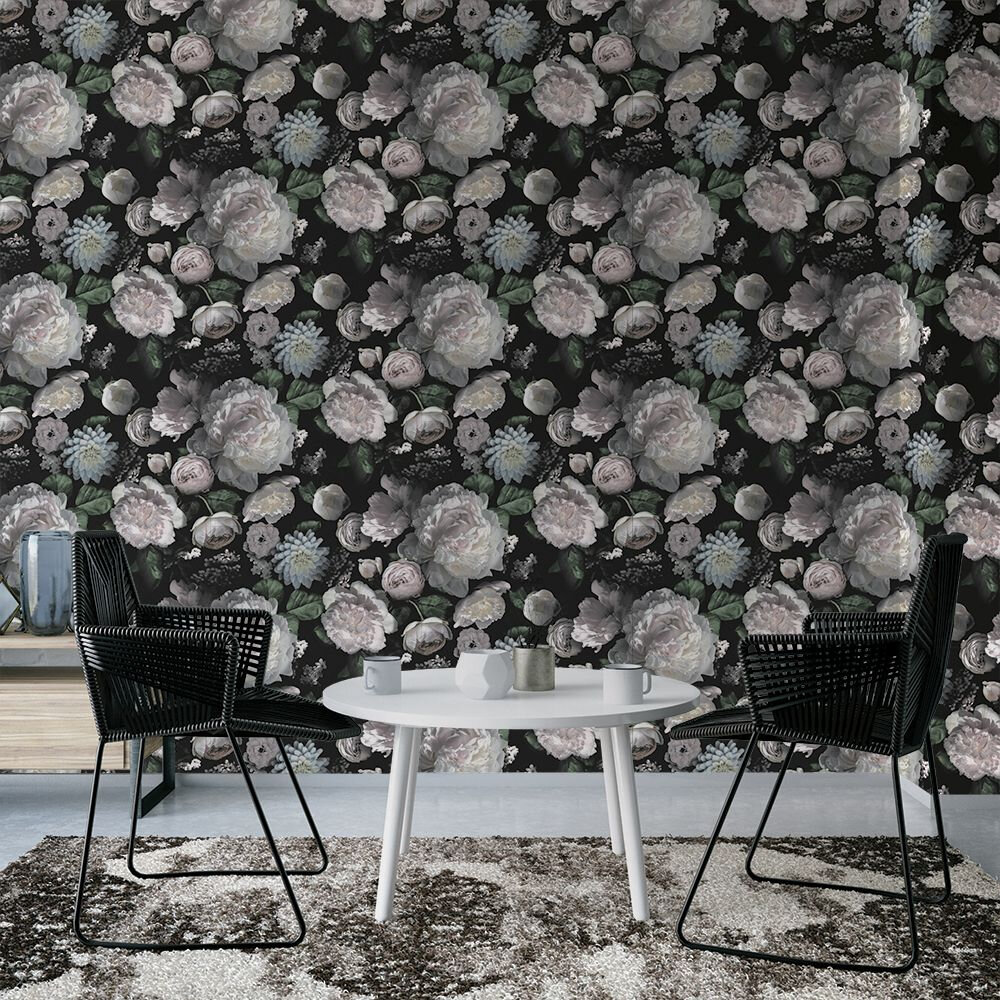 Moody Floral Wallpaper - Black - by Tempaper