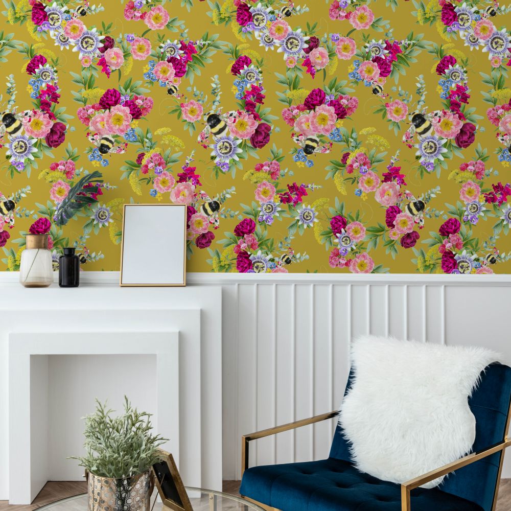Mixed Bee Wallpaper - Mustard - by Lola Design
